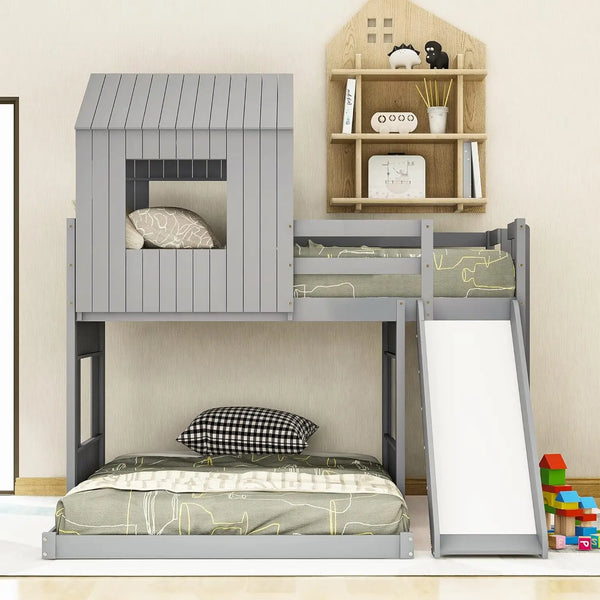 Twin Over Full House Bunk Beds with Full Size Bottom Platform Bed Frames and Slide Gray Built into Ladder and Slide