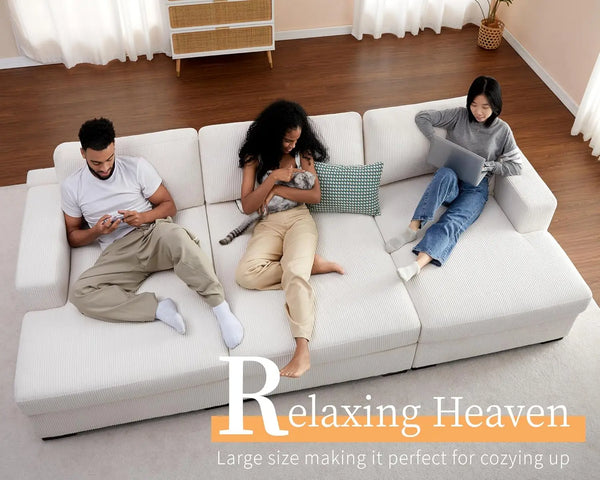 Living Room Sofas 120 inch 3-Piece Chaise Sofa Oversized Deep Seat Sofa- Comfy Couch in White Corduroy 56"D x 120"W x 34"H