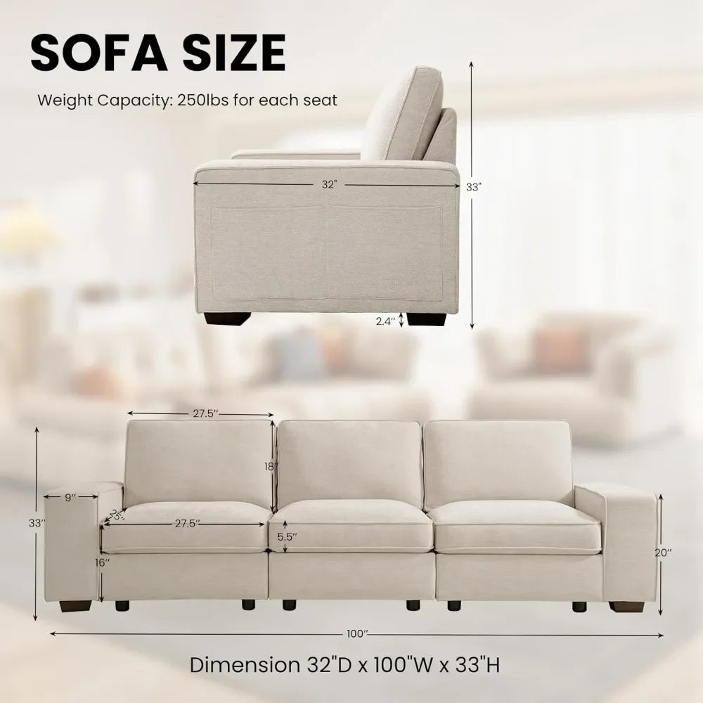 Comfy 3-Seater Chenille Fabric Couch for Living Room Sofa Bed Wide Arms Home Furniture Side Pockets USB Office Apart W/Deep Seat