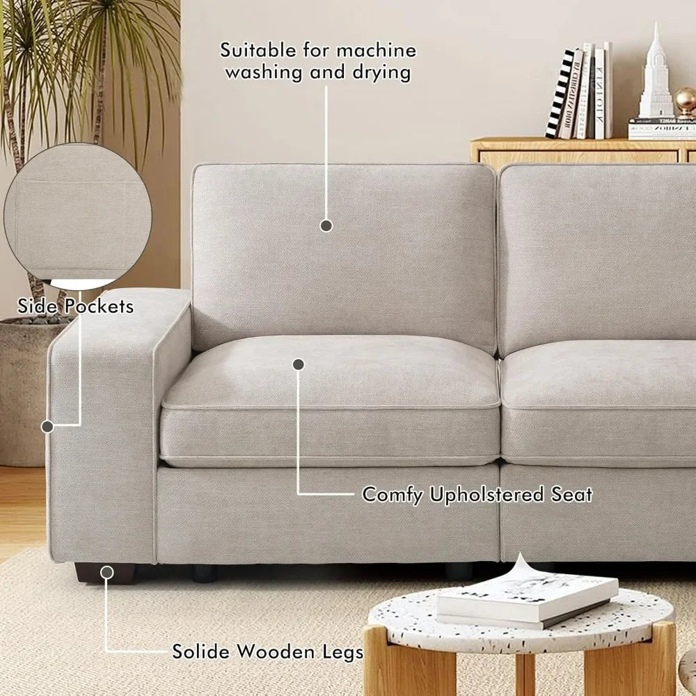 Comfy 3-Seater Chenille Fabric Couch for Living Room Sofa Bed Wide Arms Home Furniture Side Pockets USB Office Apart W/Deep Seat