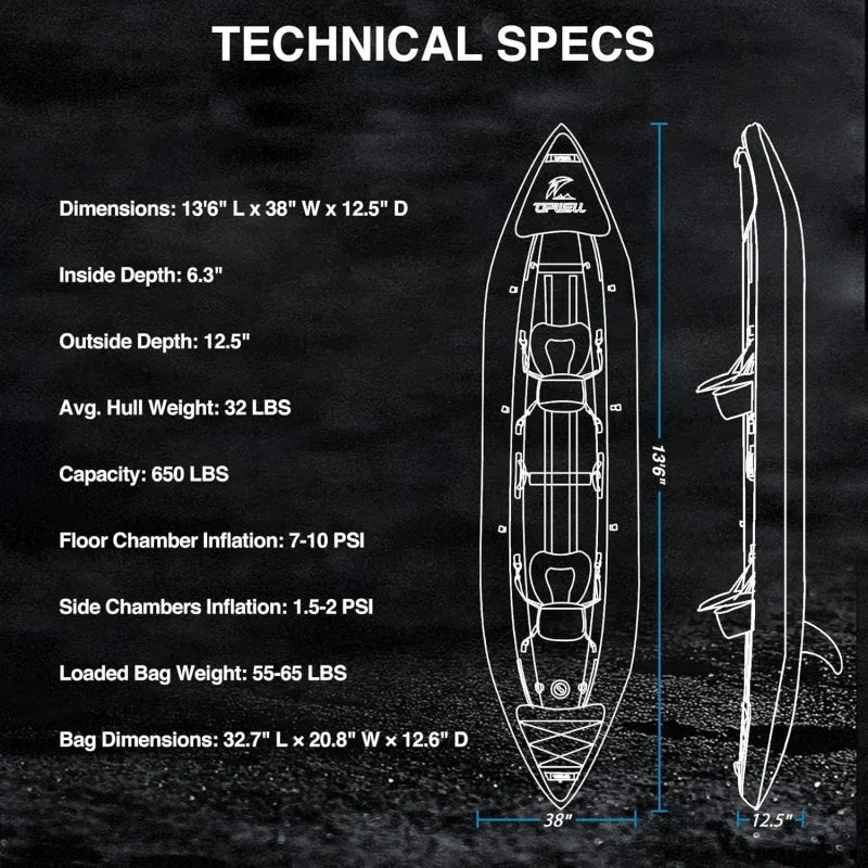 13'6”/11' Inflatable Recreational Kayak - 2 Person with Drop Stitch Floor and Accessories Including Kayak Seats with High Back S
