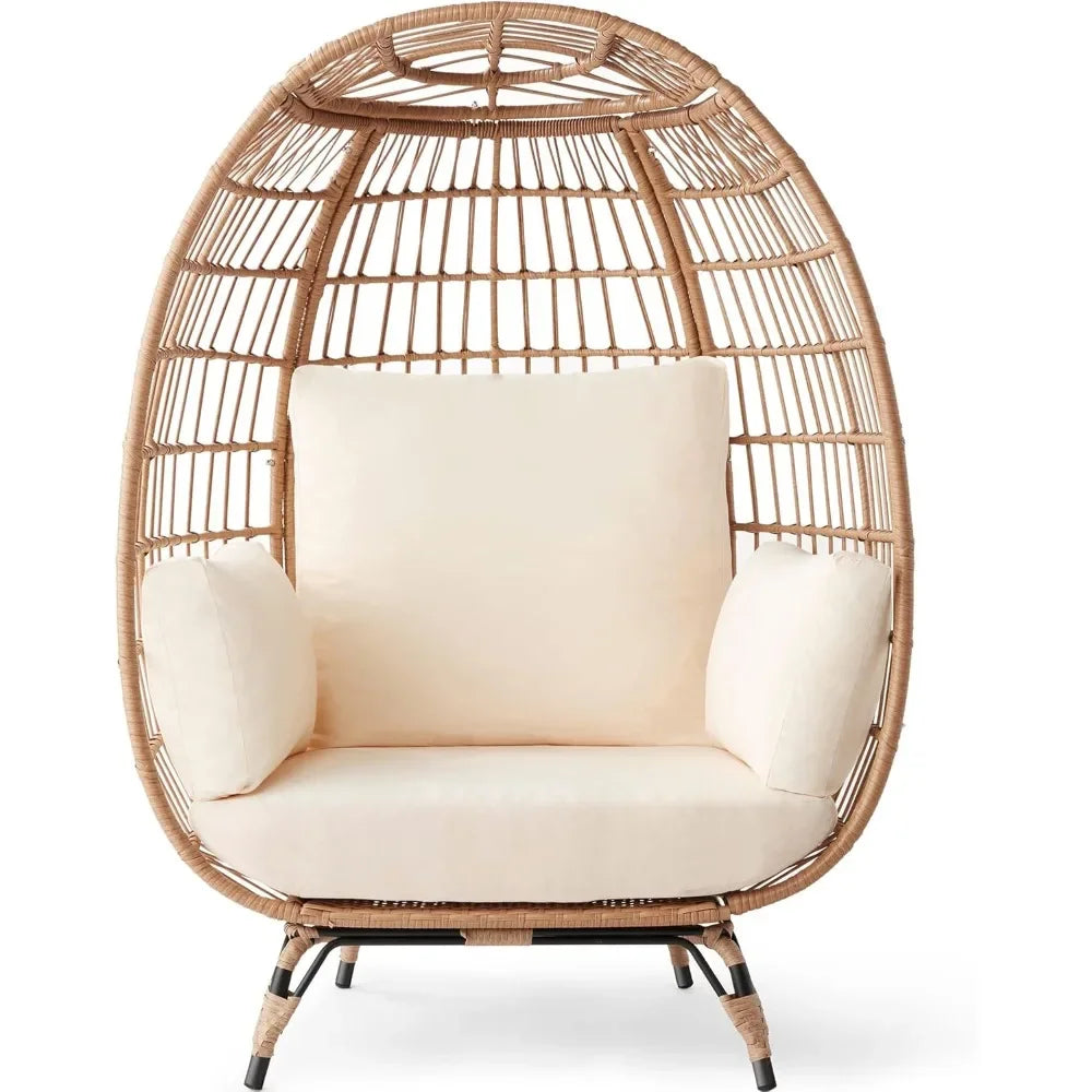 Products Wicker Egg Chair, Oversized Indoor Outdoor Lounger for Patio, Backyard, Living Room w/ 4 Cushions