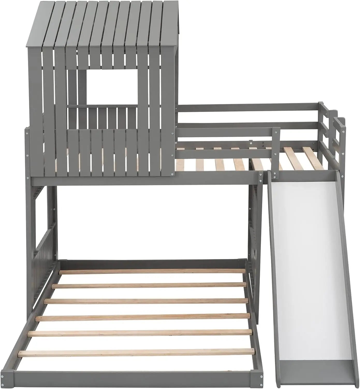 Twin Over Full House Bunk Beds with Full Size Bottom Platform Bed Frames and Slide Gray Built into Ladder and Slide