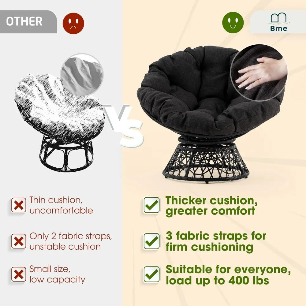 Ergonomic Wicker Papasan Chair with Soft Thick Density Fabric Cushion, High Capacity Steel Frame, 360 Degree Swivel for Living, Bedroom, Reading Room