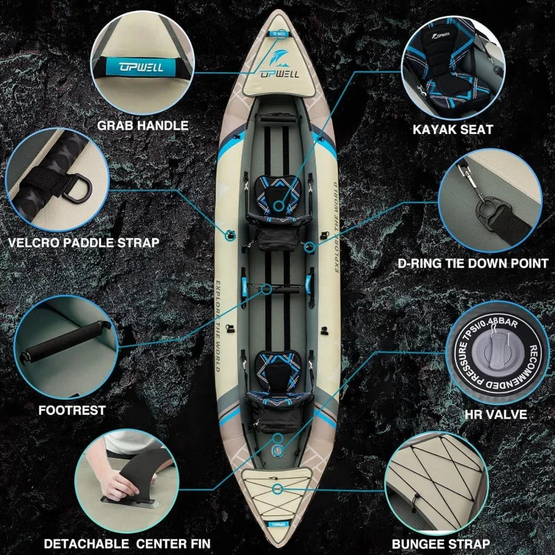 13'6”/11' Inflatable Recreational Kayak - 2 Person with Drop Stitch Floor and Accessories Including Kayak Seats with High Back S