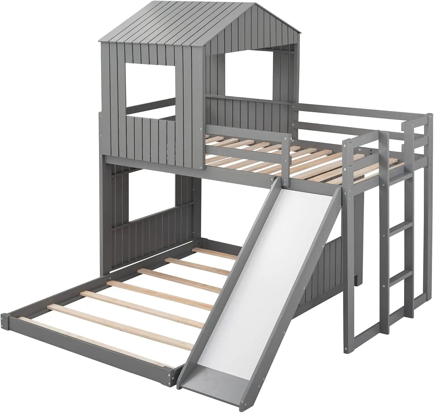 Twin Over Full House Bunk Beds with Full Size Bottom Platform Bed Frames and Slide Gray Built into Ladder and Slide
