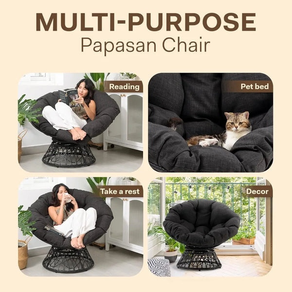 Ergonomic Wicker Papasan Chair with Soft Thick Density Fabric Cushion, High Capacity Steel Frame, 360 Degree Swivel for Living, Bedroom, Reading Room