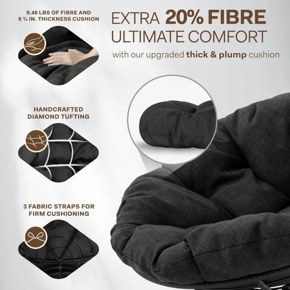 Ergonomic Wicker Papasan Chair with Soft Thick Density Fabric Cushion, High Capacity Steel Frame, 360 Degree Swivel for Living, Bedroom, Reading Room