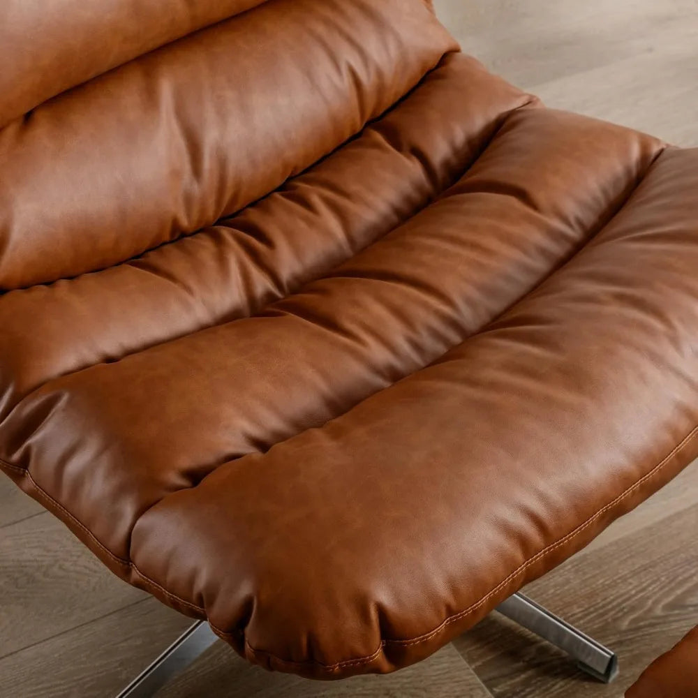 Swivel Accent Chair with Ottoman, Faux Leather Lounge Chair with footrest, Comfy Oversized Armchair with 360 Degree Metal Base