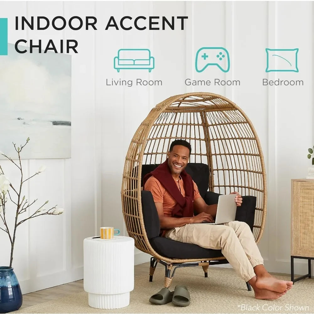 Products Wicker Egg Chair, Oversized Indoor Outdoor Lounger for Patio, Backyard, Living Room w/ 4 Cushions