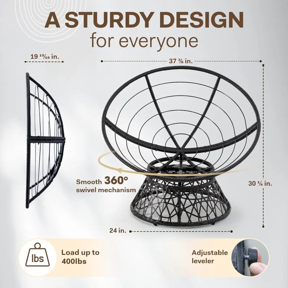 Ergonomic Wicker Papasan Chair with Soft Thick Density Fabric Cushion, High Capacity Steel Frame, 360 Degree Swivel for Living, Bedroom, Reading Room