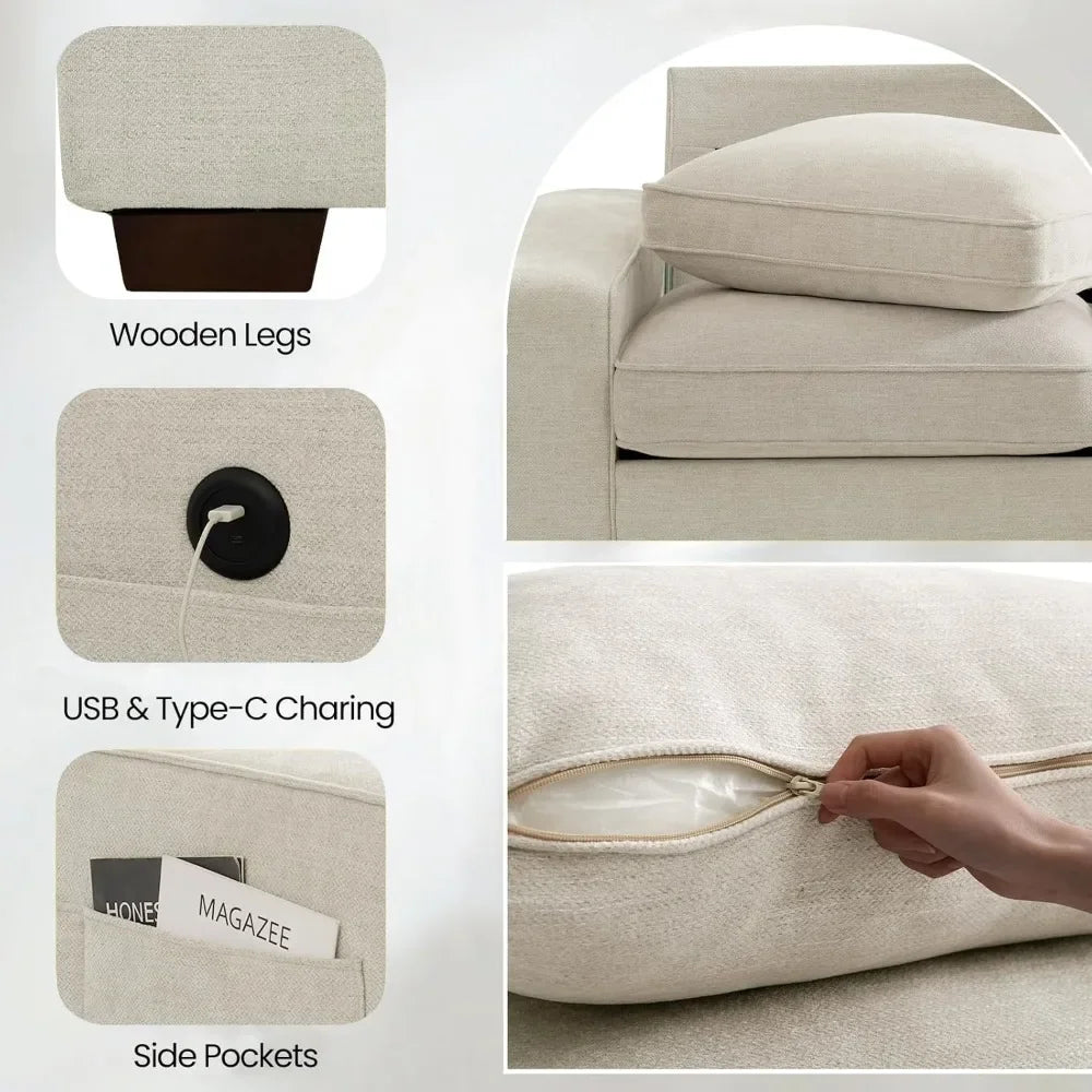 Comfy 3-Seater Chenille Fabric Couch for Living Room Sofa Bed Wide Arms Home Furniture Side Pockets USB Office Apart W/Deep Seat